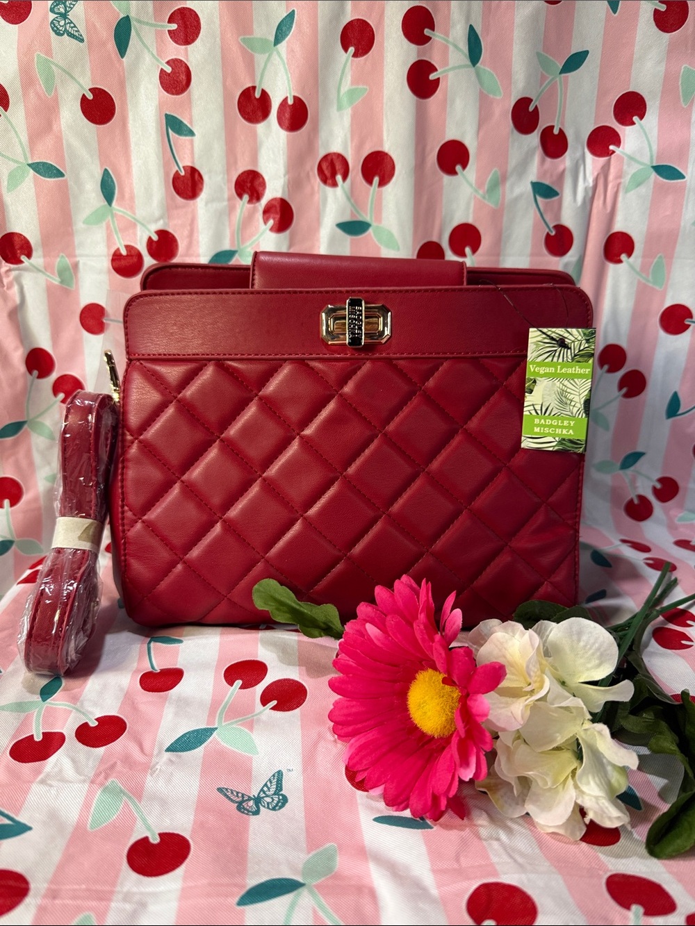 Red Quilted Vegan Leather Crossbody Bag